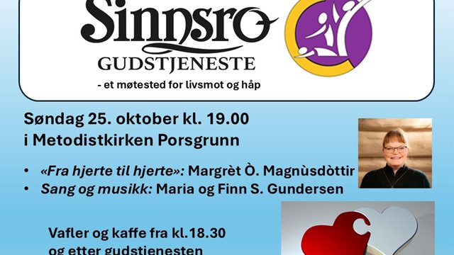 Sinnsrogudstjeneste søndag 25. oktober kl. 19.00 
