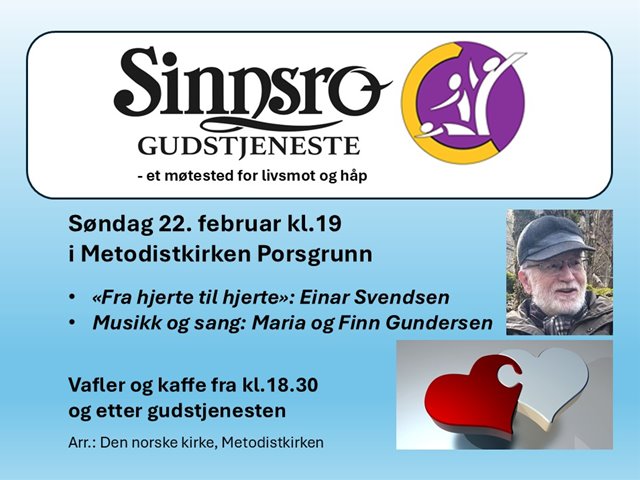 Søndag 22. februar kl. 19.00 Sinnsrogudstjeneste i Porsgrunn