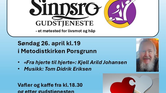 Sinnsrogudstjeneste søndag 26. april kl. 19.00 
