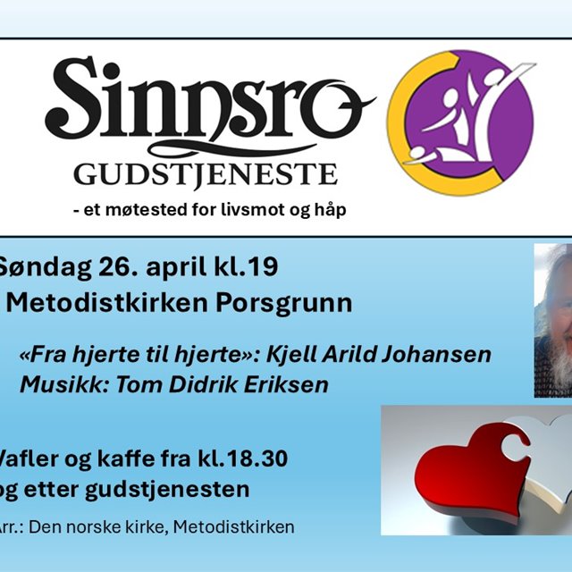 Sinnsrogudstjeneste søndag 26. april kl. 19.00 